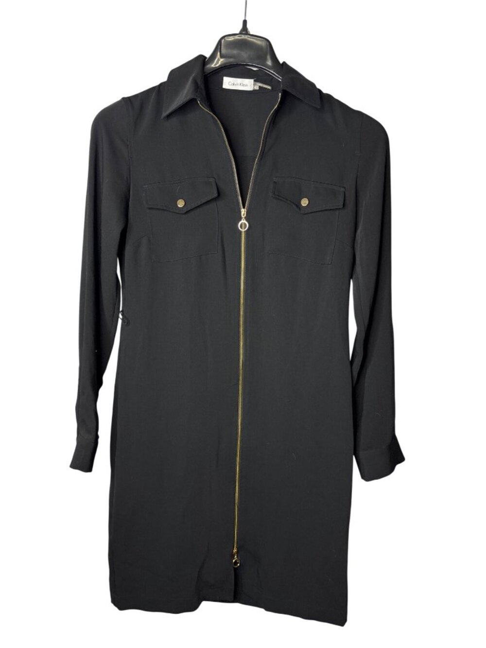 Calvin Klein Womens Shirt Dress Size 4 Knee Length Full Zip Front Black No Belt
